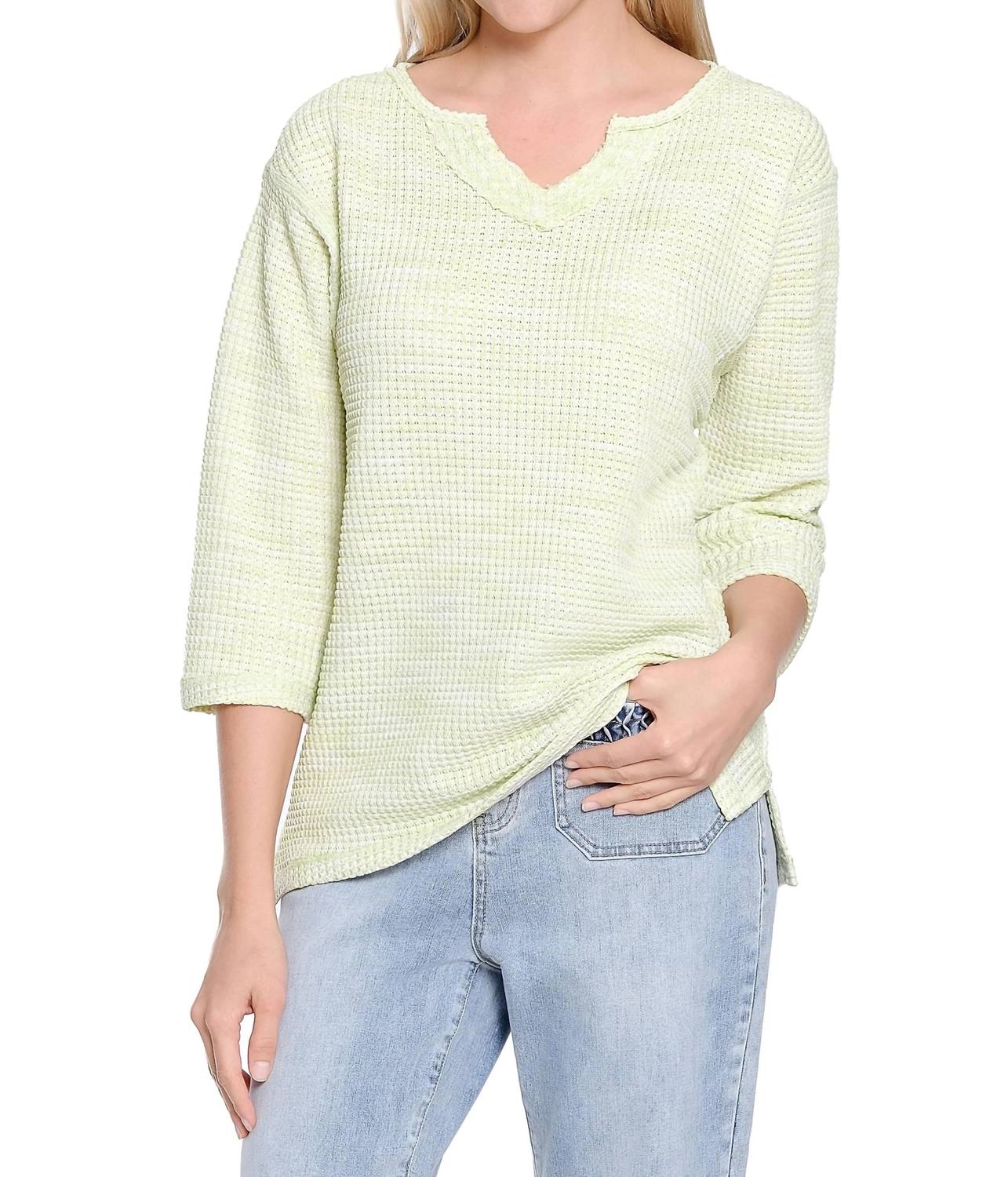TRU LUXE Notch Neck Textured Knit Blouse in lime - women's blouse