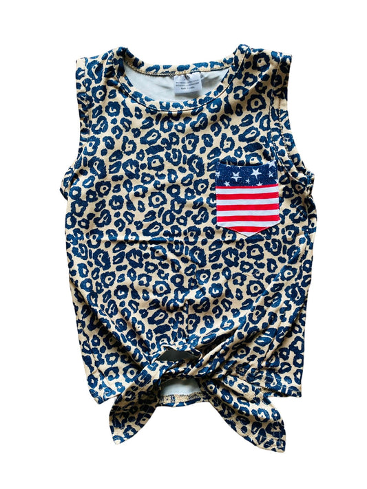 Kids Charm - Girl‘s Leopard Tank with Patriotic Chest Pocket Top