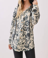 Bombom - Floral Ribbed Knit Hoodie Shacket