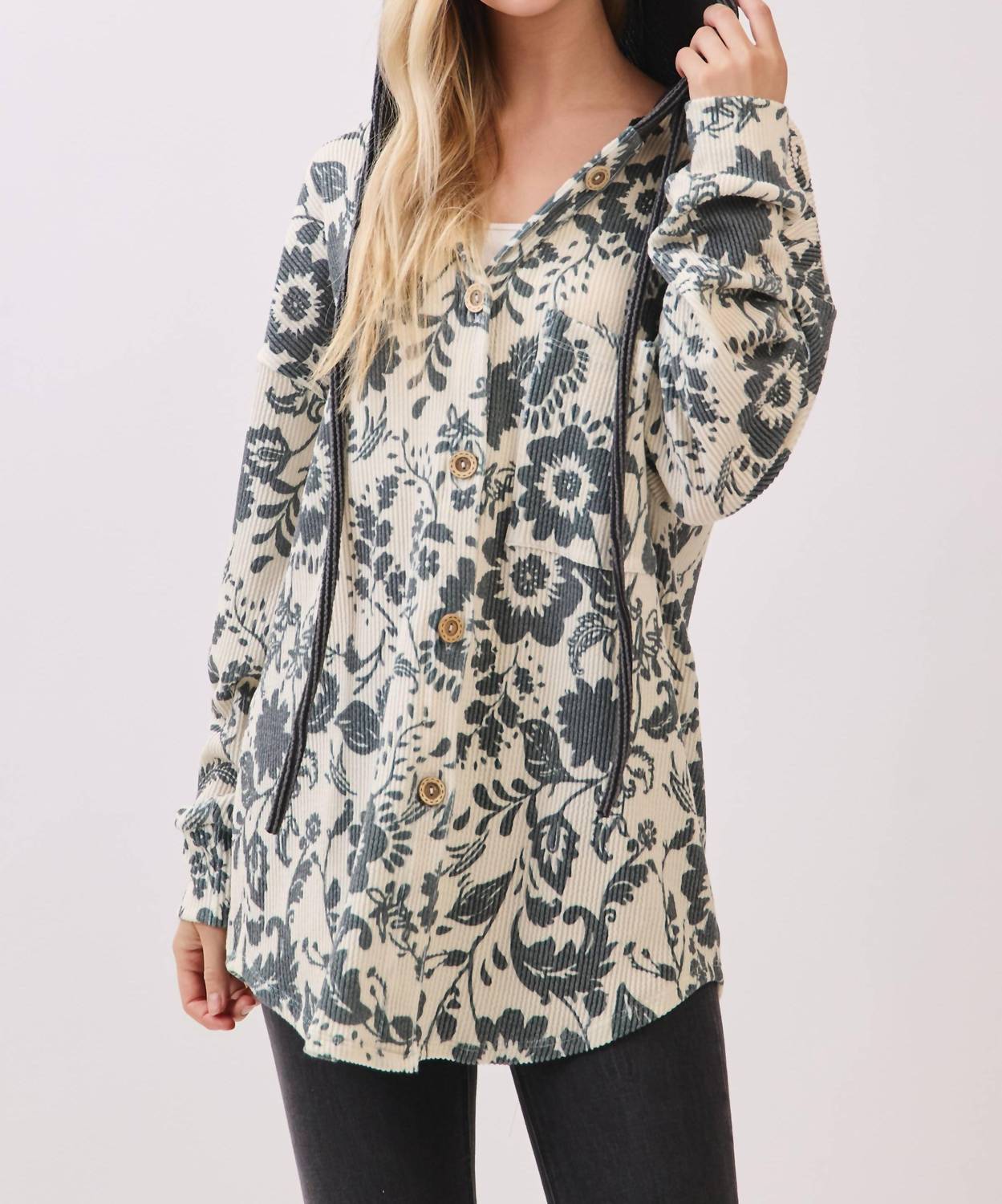 Bombom - Floral Ribbed Knit Hoodie Shacket