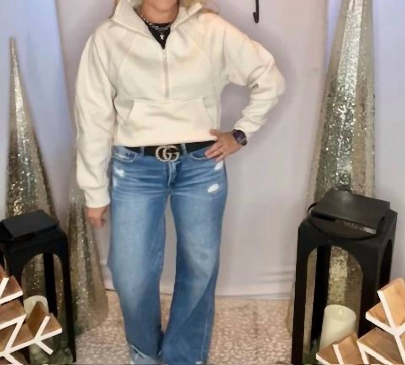 Zenana - Fleece Half Zip Kangaroo Pocket Sweatshirt