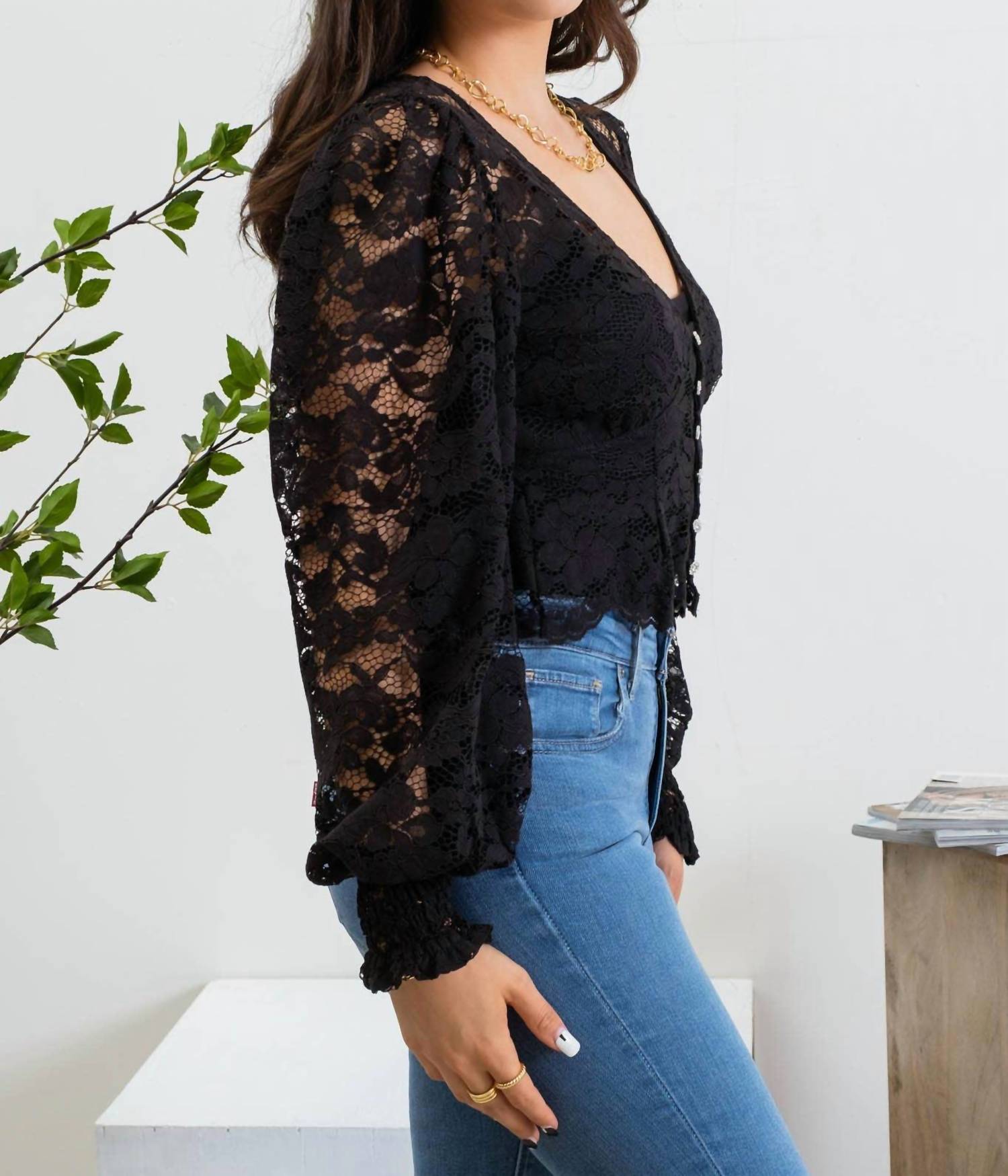 Blu Pepper Lace Cropped Top in black - women's shirt - detail view
