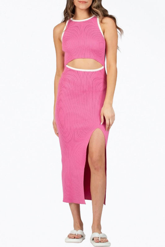 DENISE RIBBED-KNIT CUTOUT MIDI DRESS