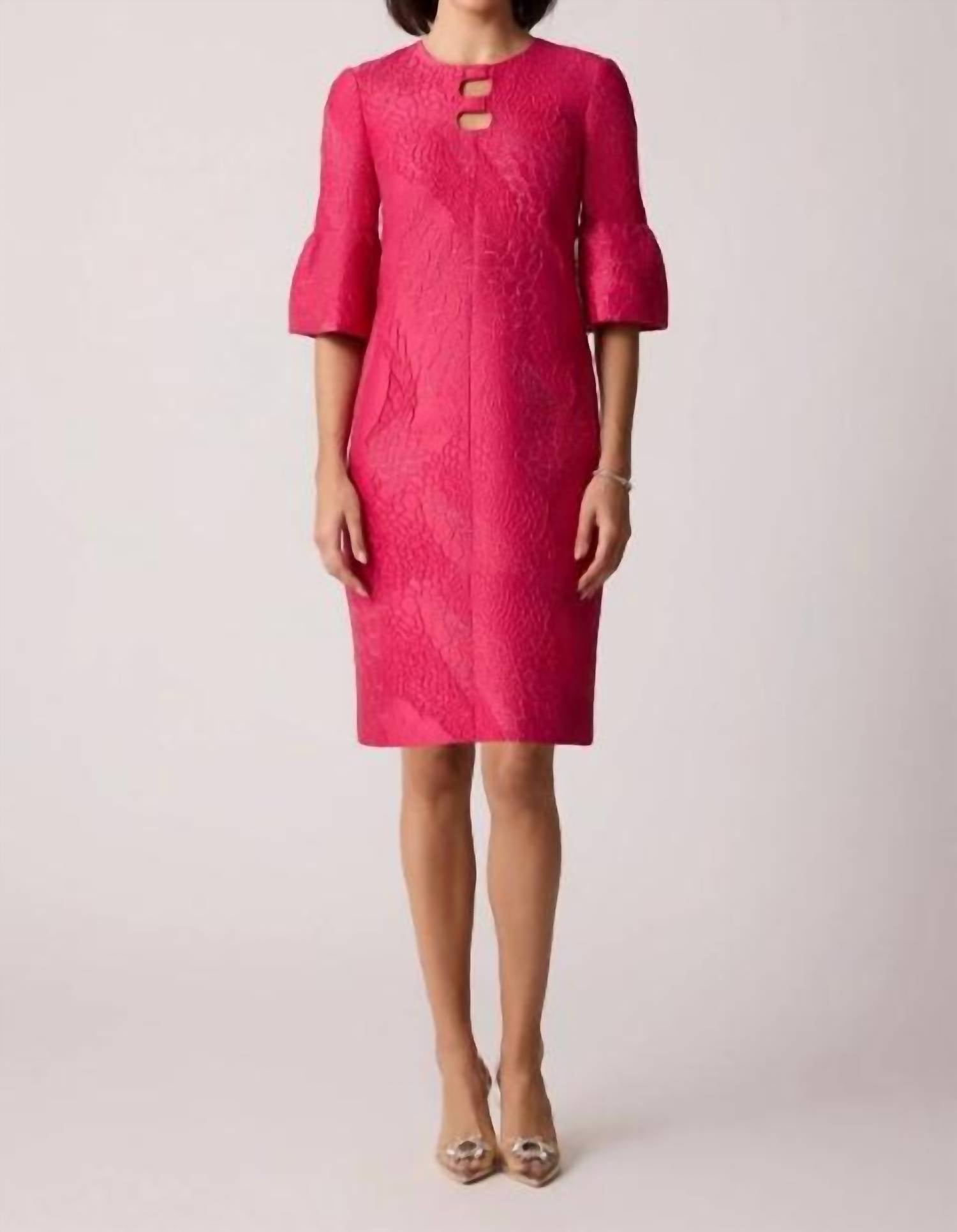 Teri Jon - Metallic Jacquard Bell-sleeve Dress