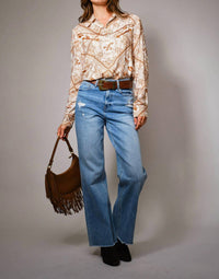 Blue B Western Printed Long Sleeve Button Up Shirt in off white rust - women's shirt - view 5