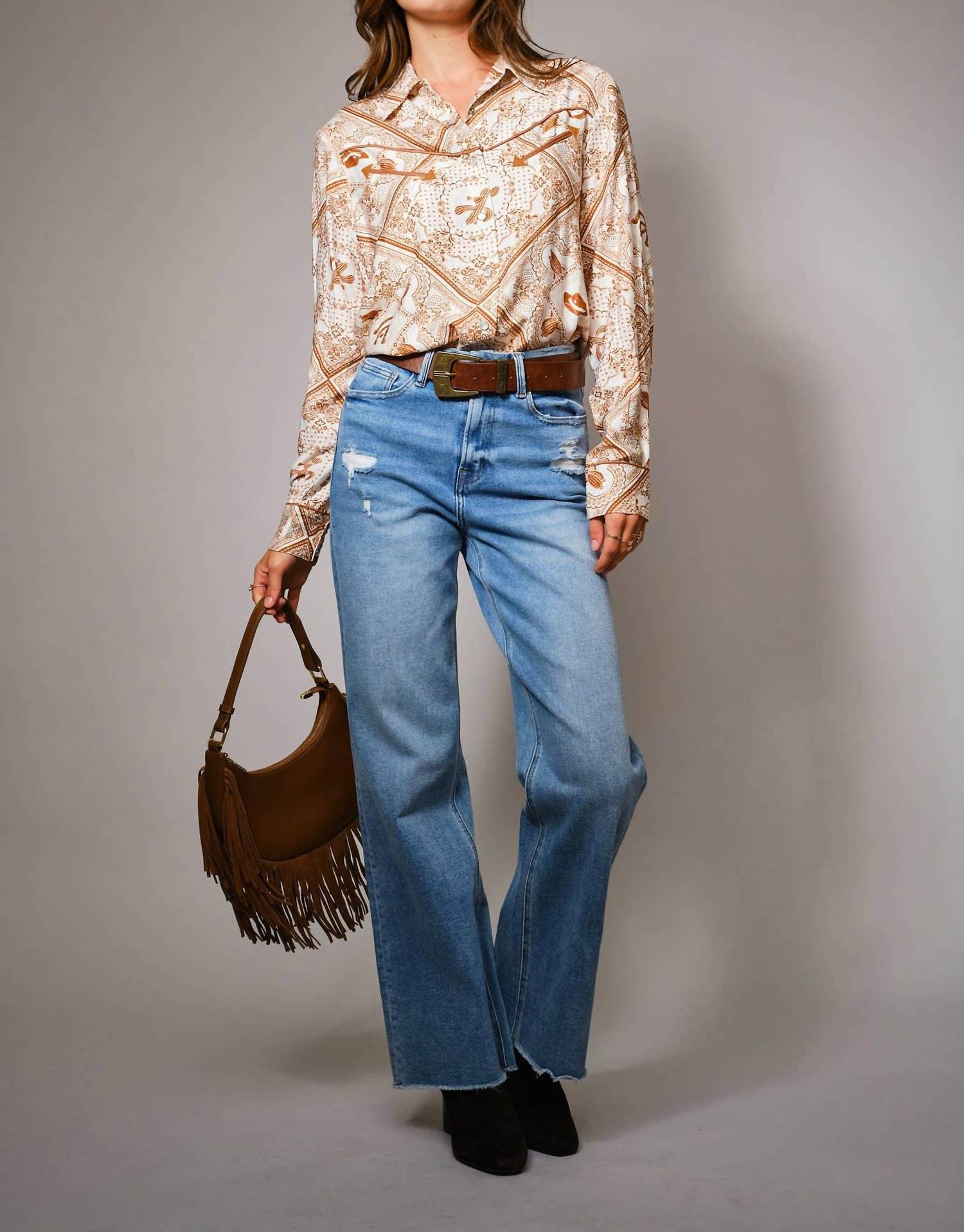 Blue B Western Printed Long Sleeve Button Up Shirt in off white rust - women's shirt - view 5