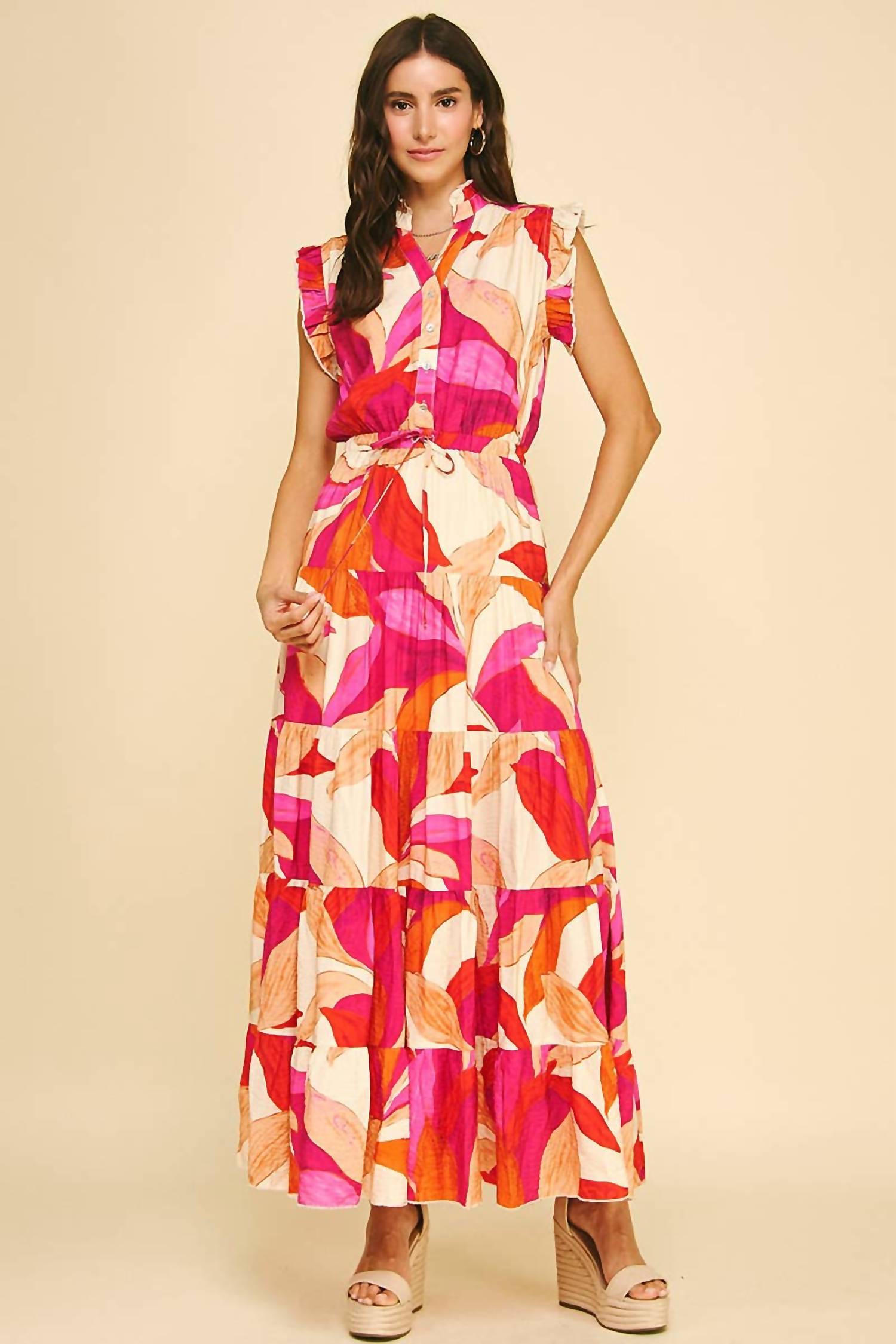 Pinch - Leaf Print Button Down Tiered Dress