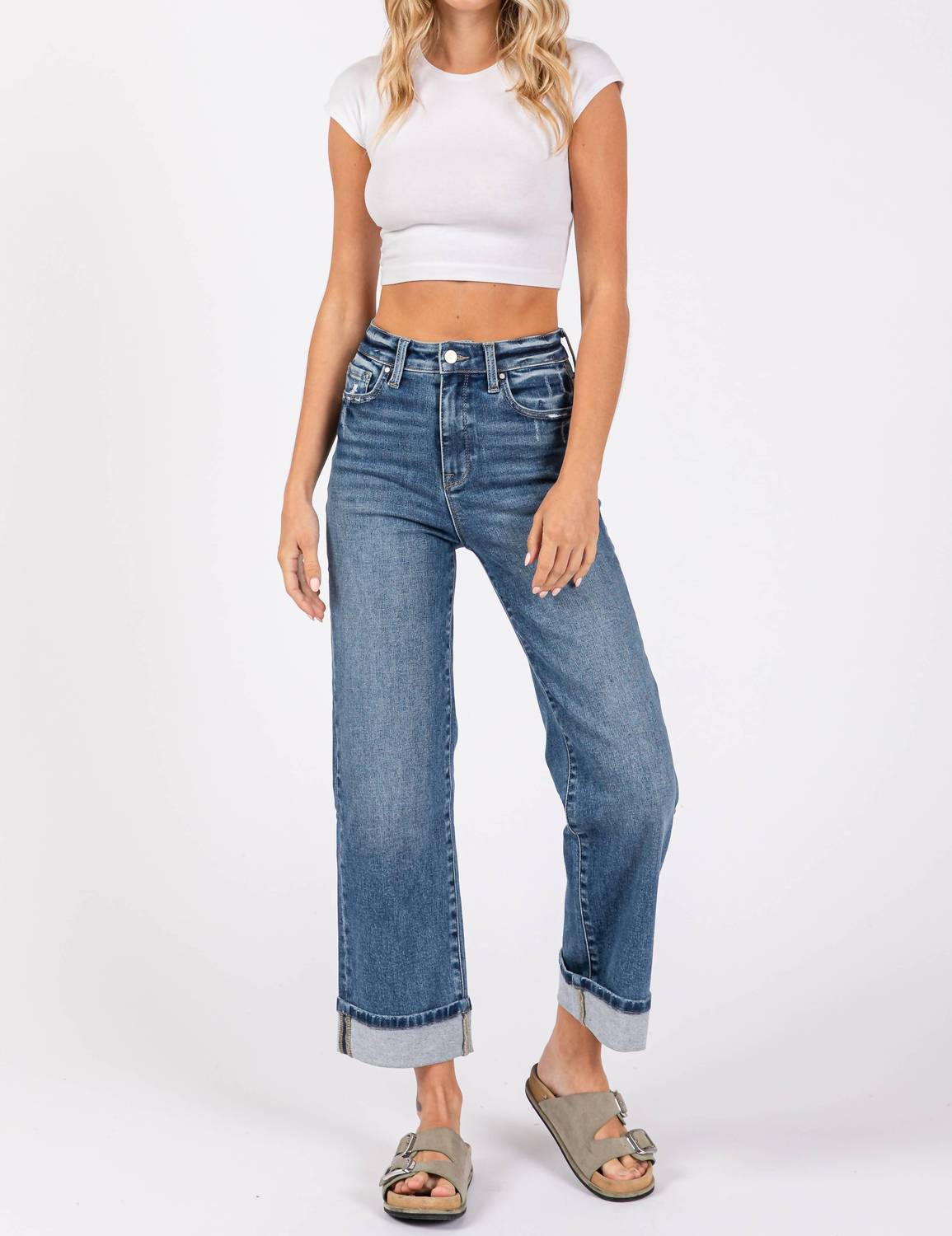 Petra153 - High Rise Stretch Relaxed Straight With Cuffed Hem Jeans