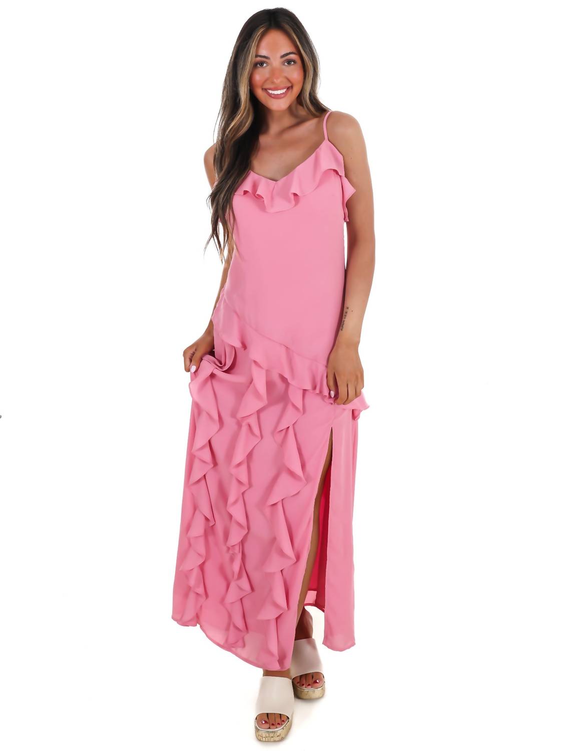 In February - Hint Of Allure Ruffle Maxi Dress