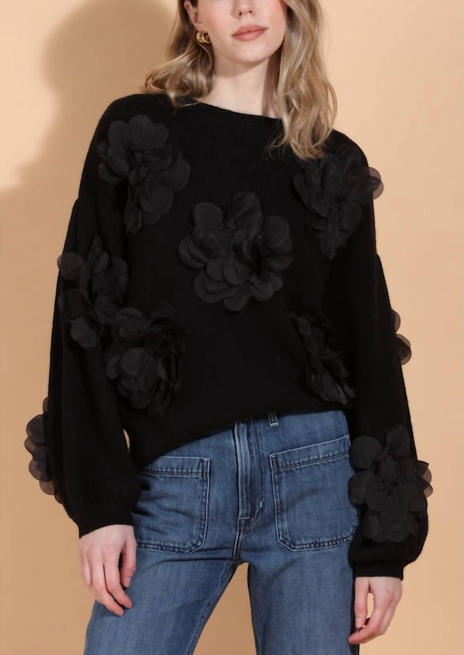 JESSIE LIU Round Neck 3d Applique Sweater in black - women's sweater