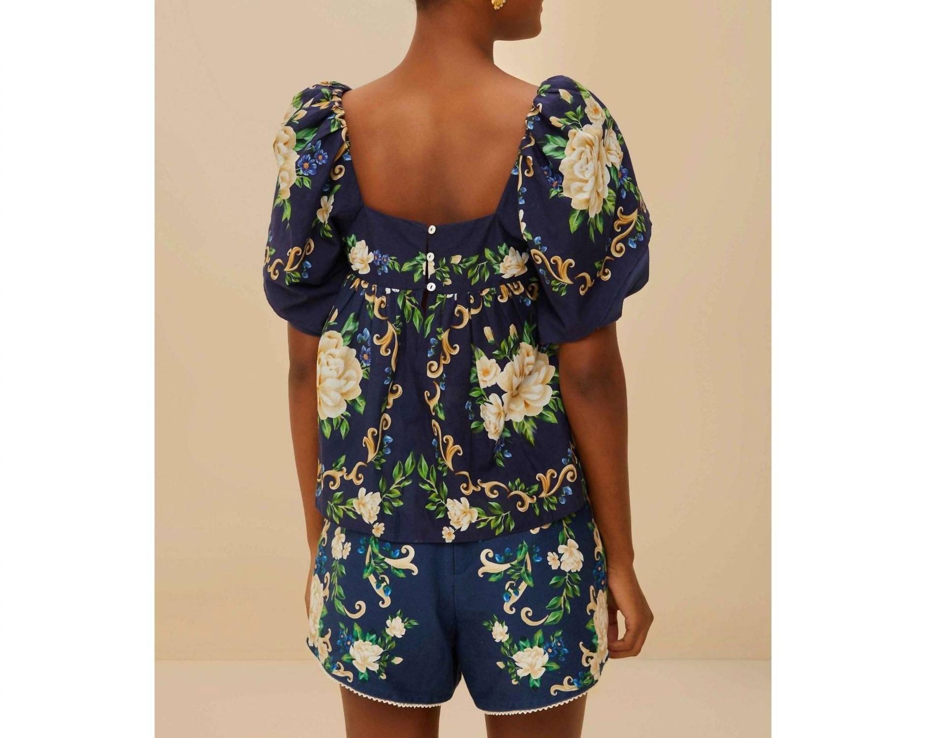 Farm Rio - Flower Tapestry Square Neck Yoke Blouse