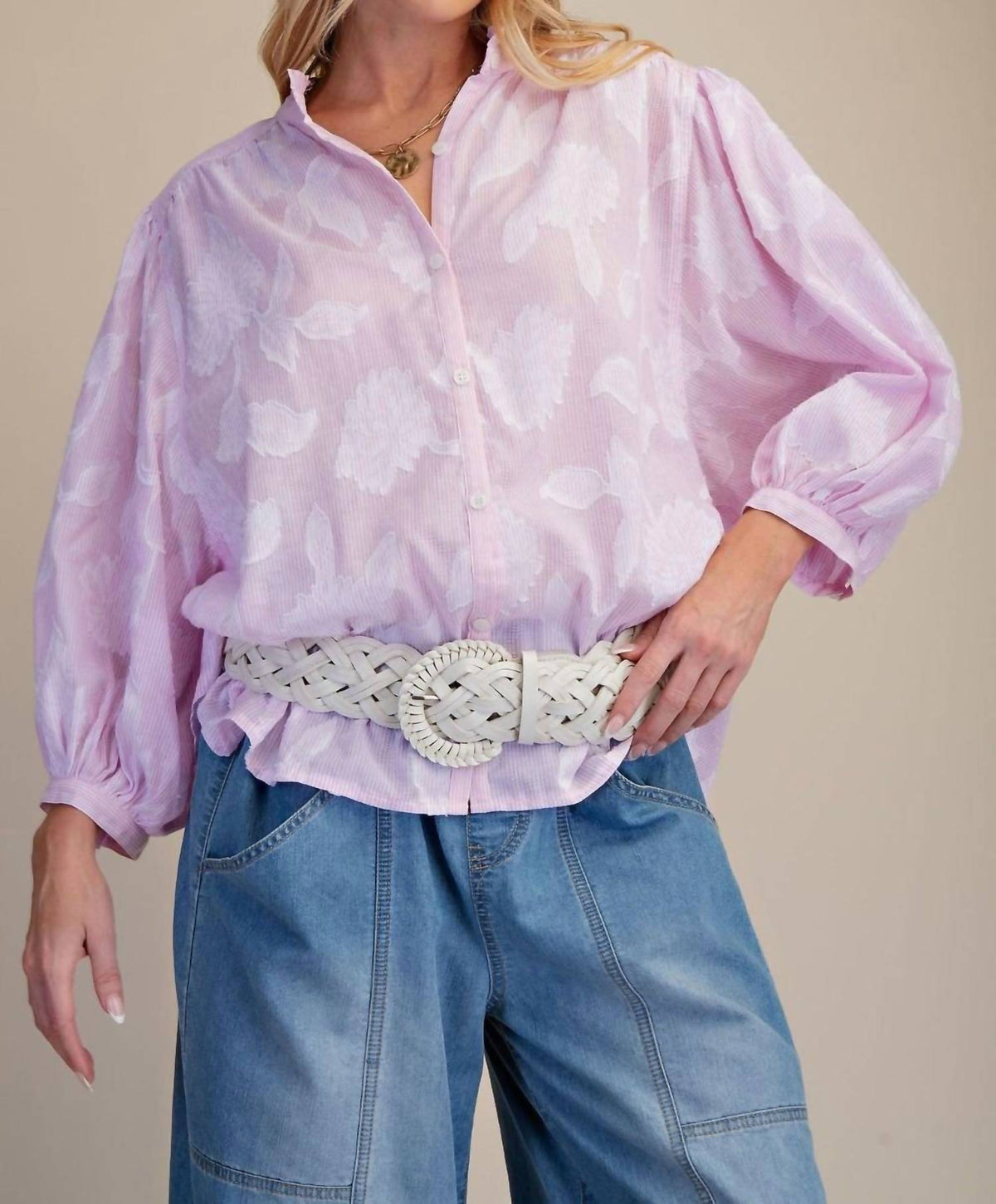 Easel - Floral Textured Button-down Blouse