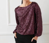 Karen Kane Blouson Sleeve Sequin Boatneck Top in eggplant 1 - women's blouse - alternate view