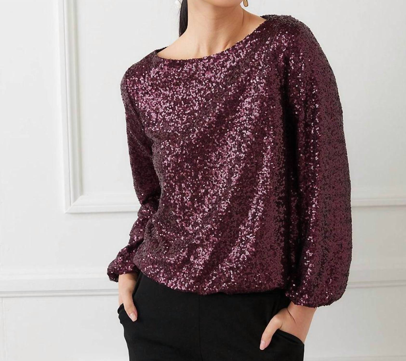 Karen Kane Blouson Sleeve Sequin Boatneck Top in eggplant 1 - women's blouse - alternate view