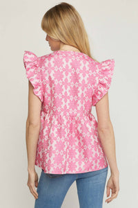 entro Floral Jacquard Ruffle Top in pink - women's blouse - detail view