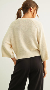 MIOU MUSE Women's Round Neck Quarter Sleeve Knitted Top in cream - women's sweater - detail view