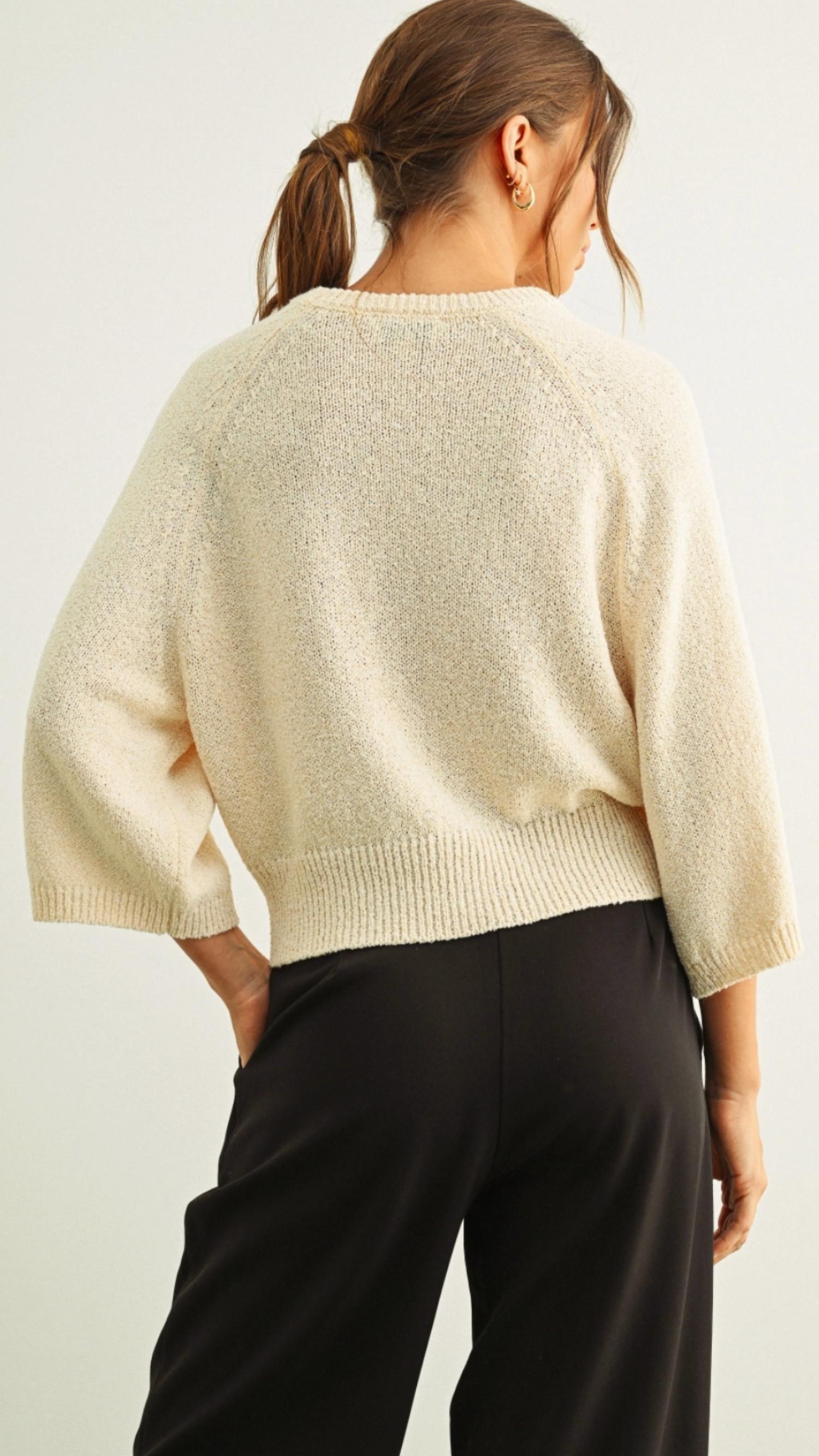MIOU MUSE Women's Round Neck Quarter Sleeve Knitted Top in cream - women's sweater - detail view