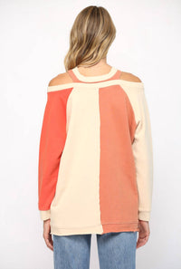 Poshture Finds - Washed Cotton Color Block Cold Shoulder Tunic Top