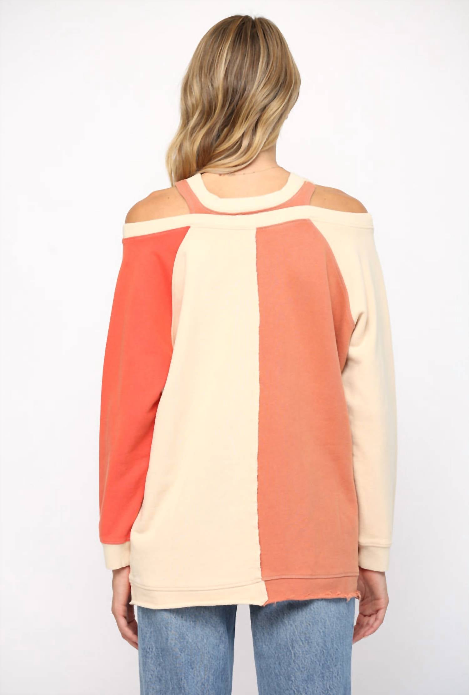 Poshture Finds - Washed Cotton Color Block Cold Shoulder Tunic Top