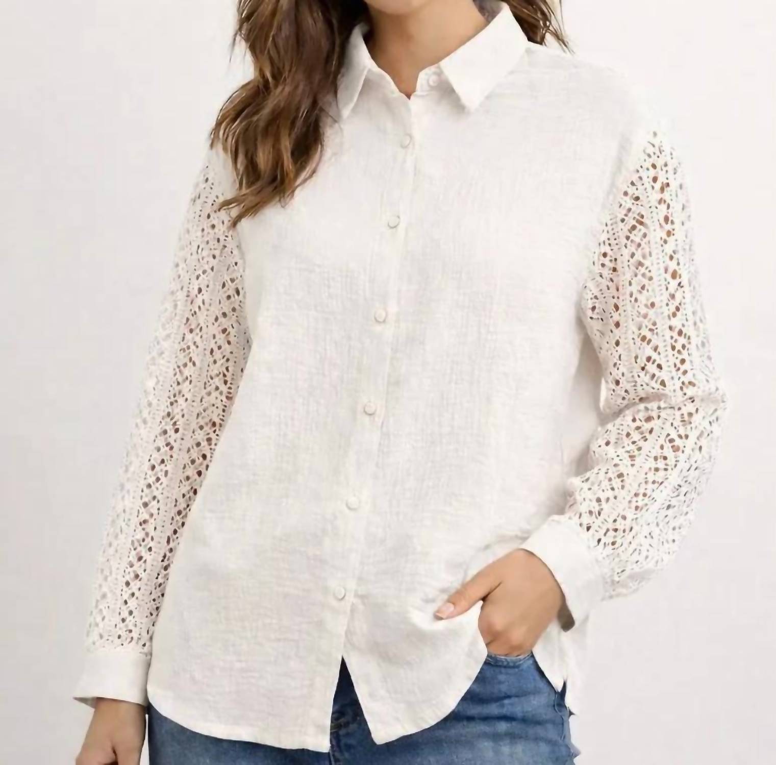 Pine Apparel - Gauze Button Front Crochet Sleeve Top