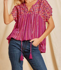 Andree By Unit - Striped Babydoll Embroidered Top