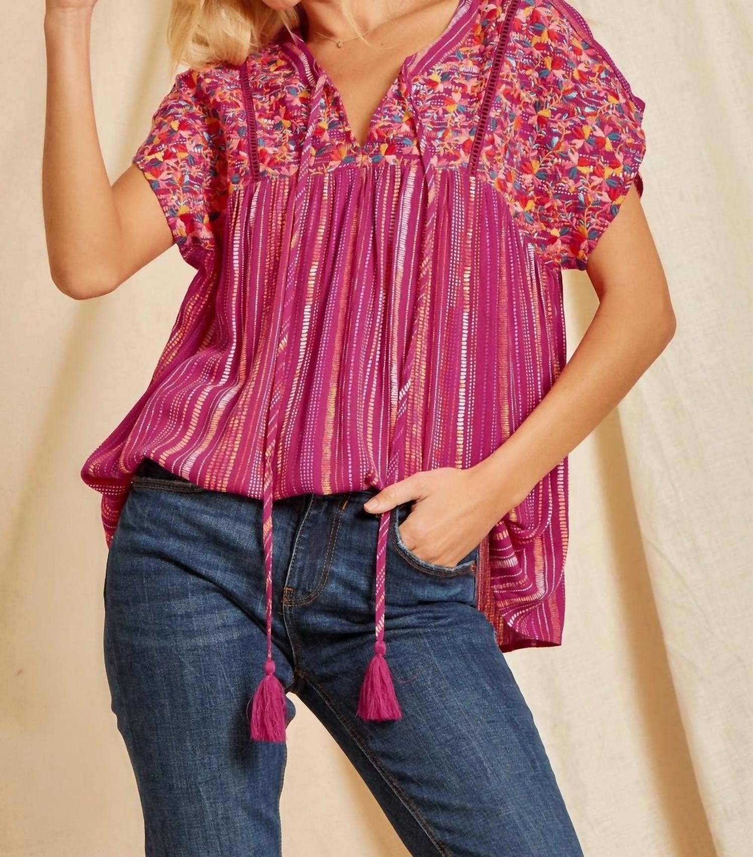 Andree By Unit - Striped Babydoll Embroidered Top