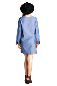 Velzera - Fringe Geometric Chambray Mini Dress