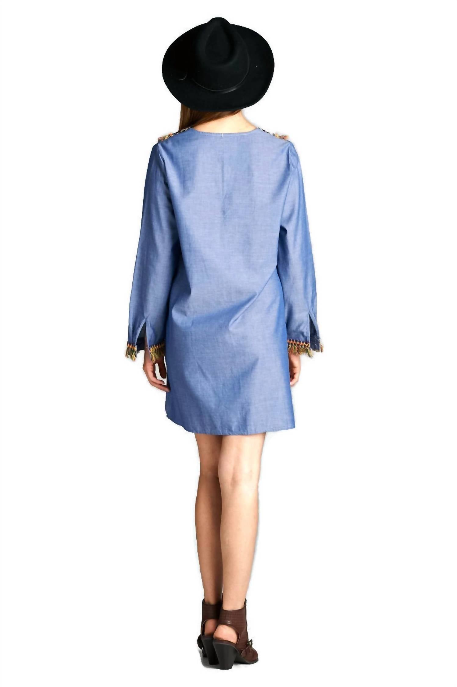 Velzera - Fringe Geometric Chambray Mini Dress