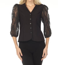 Joseph Ribkoff - Embroidered Mesh Sleeve Fitted Blazer
