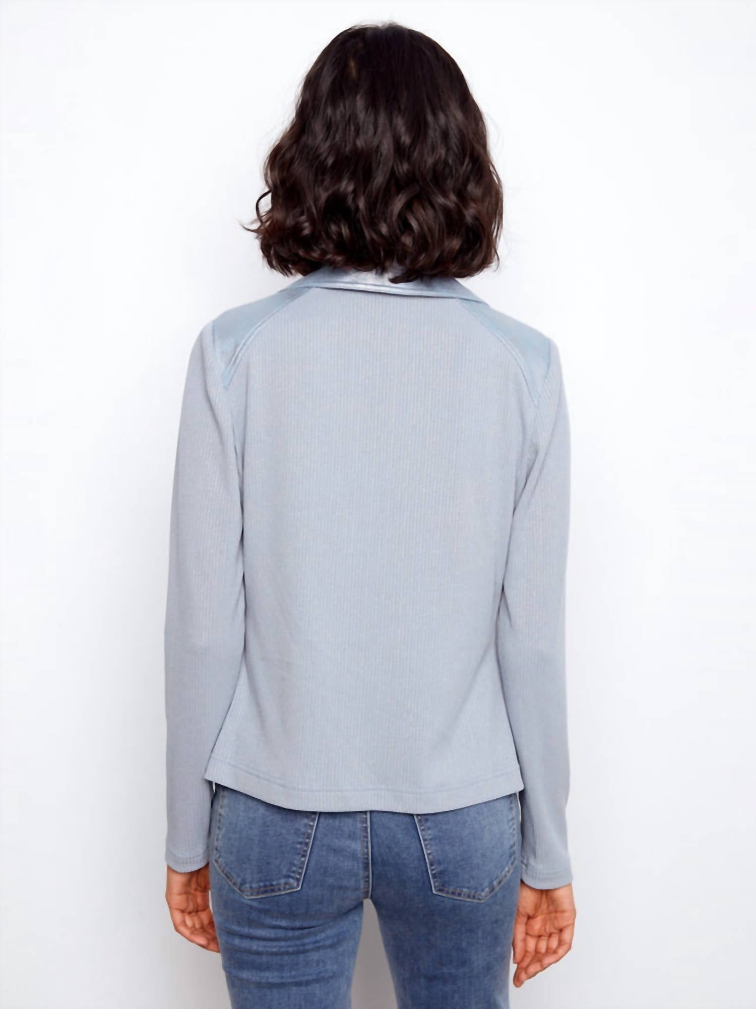 CHARLIE B Foiled Faux Leather And Rib Knit Jacket in haze - women's jacket - detail view