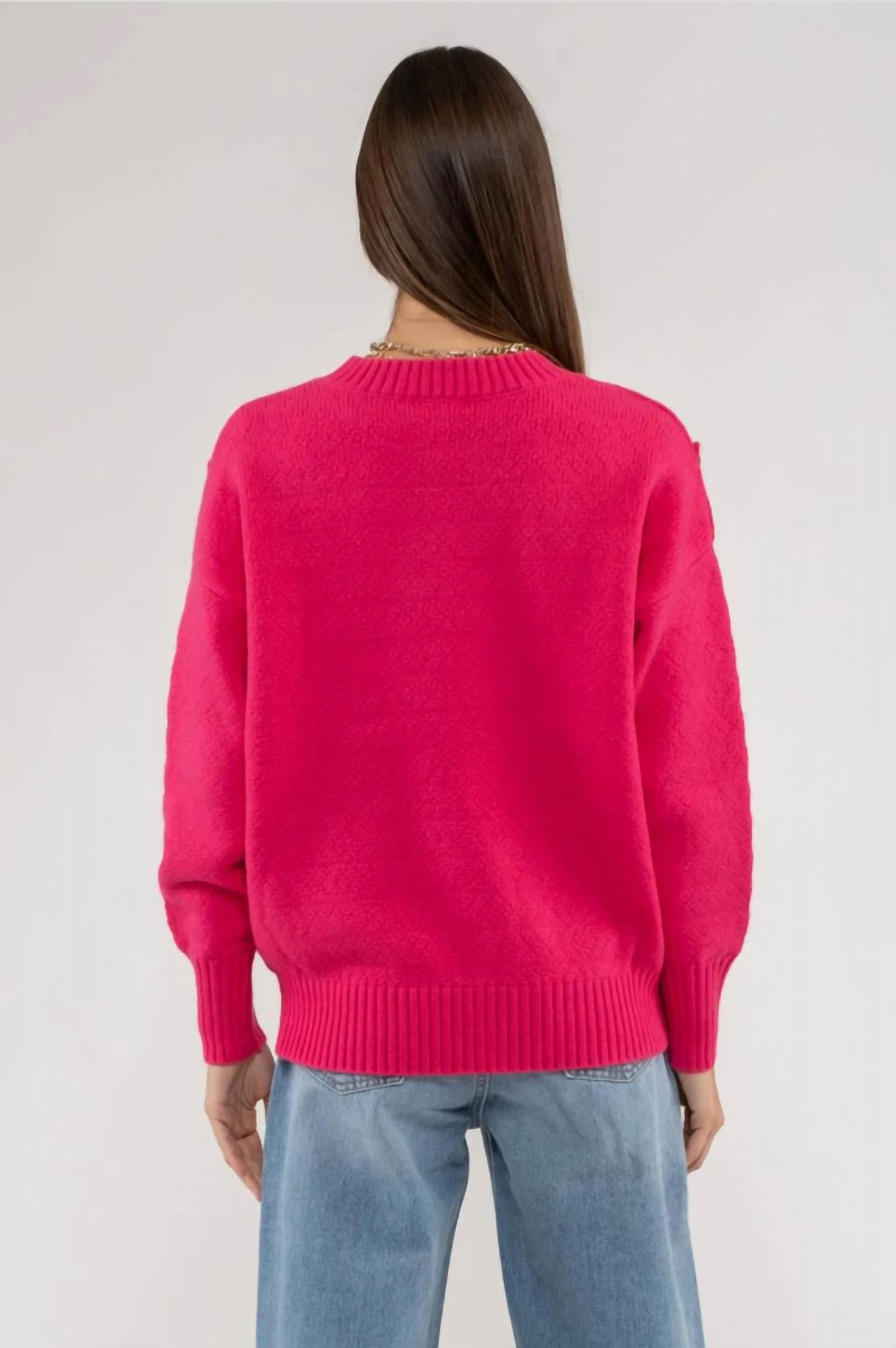 Blu Pepper Button Tab Shoulder Pullover Sweater in fuchsia - women's sweater - detail view