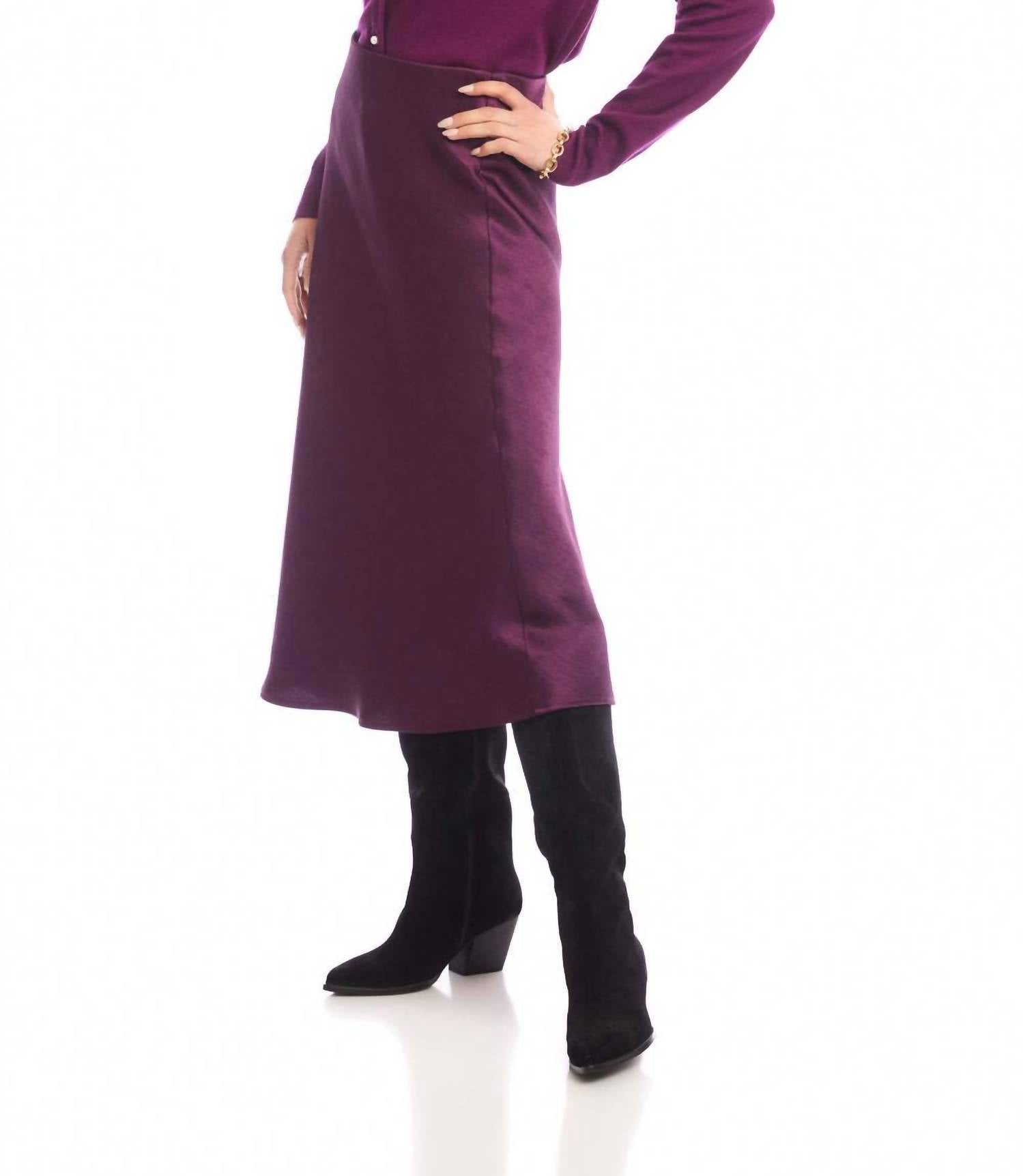 Karen Kane Satin Bias Cut Midi Skirt in eggplant - women's skirt - detail view