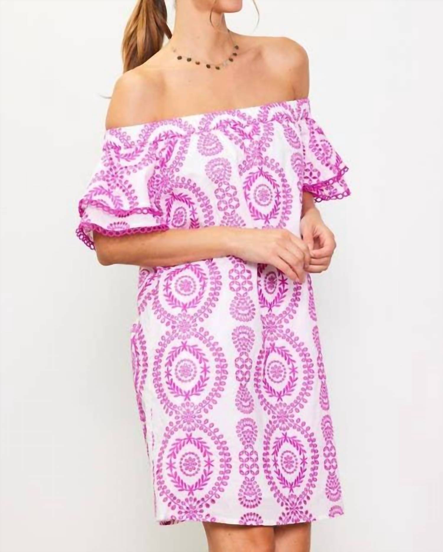 Skies Are Blue - Embroidered Eyelet Off-shoulder Dress