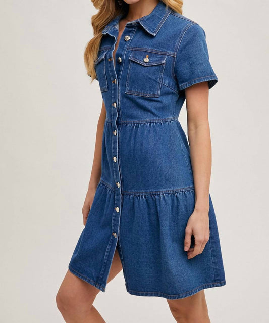 Bluivy - Tiered Button Down Denim Shirt Dress