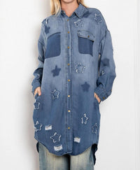 Blue Velvet Relaxed Fit Button Down Star Patch Shirt in denim - women's blouse