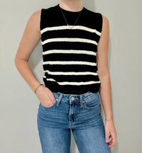 LE LIS Round Neck Sleeveless Sweater Top in black white - women's sweater - detail view
