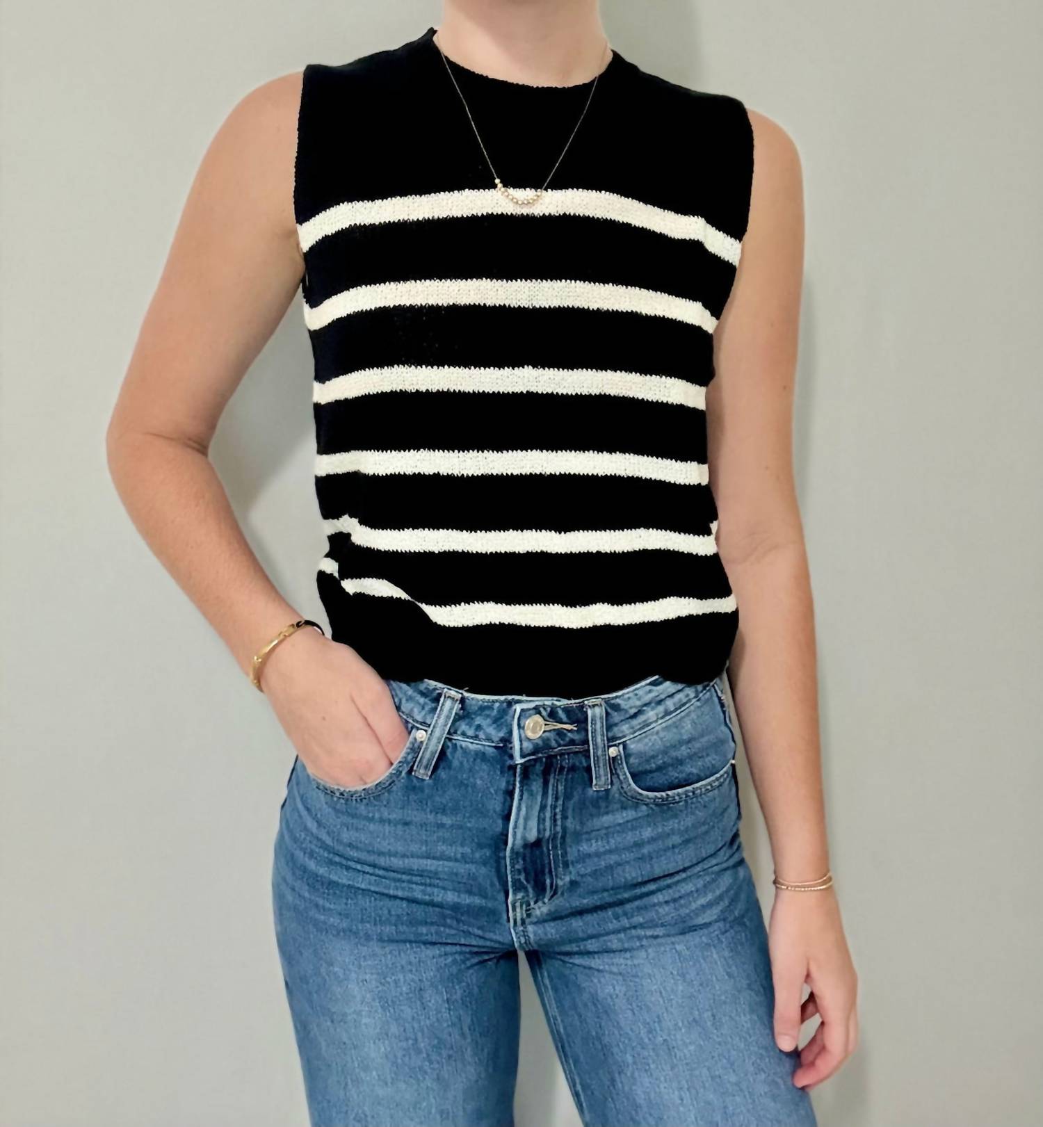 LE LIS Round Neck Sleeveless Sweater Top in black white - women's sweater - detail view