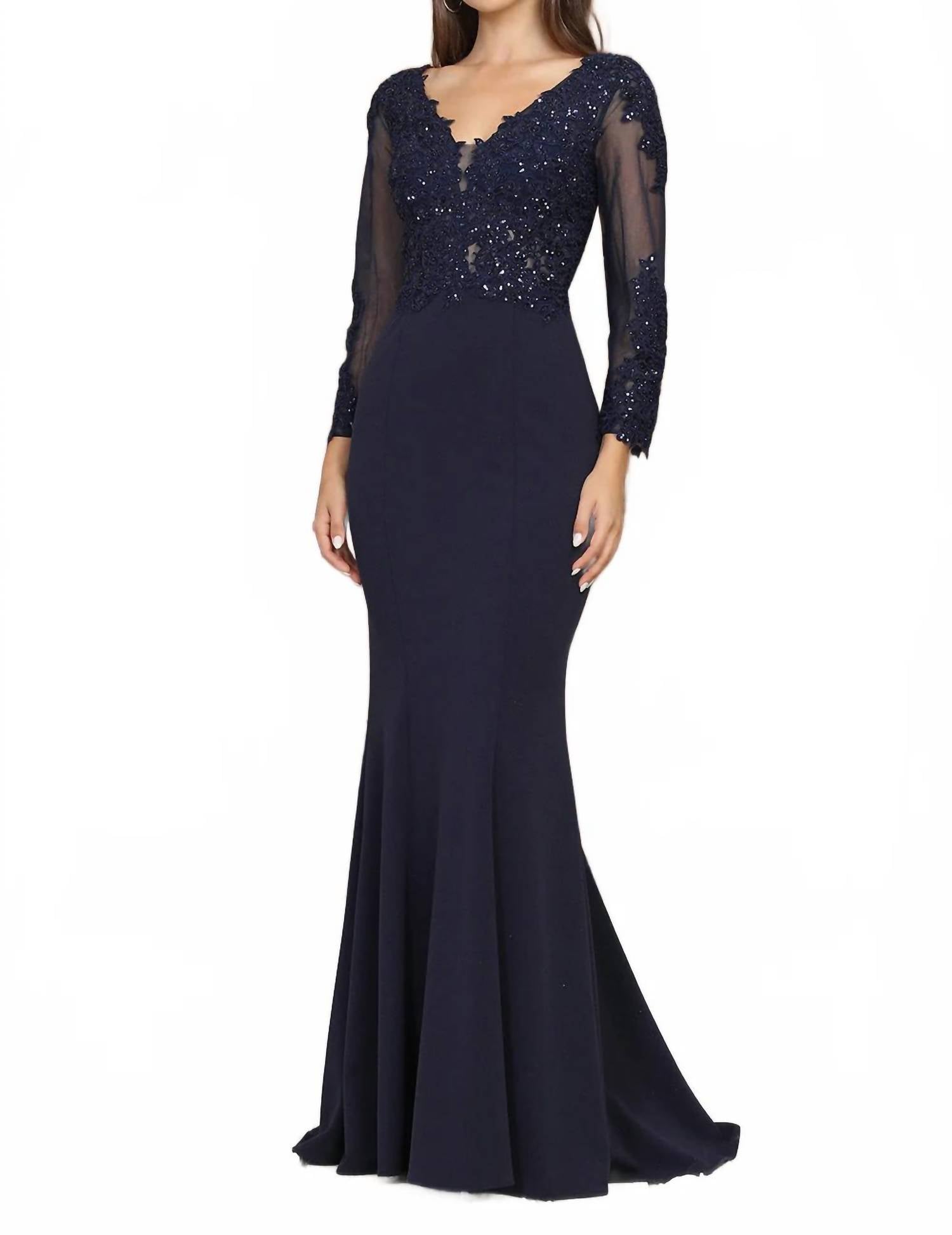 Adora Design - Long Sleeve Lace Applique Fitted Formal Gown