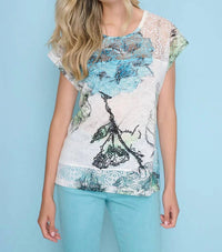 PICADILLY Lace Trim Print Top in lagoon multi - women's blouse