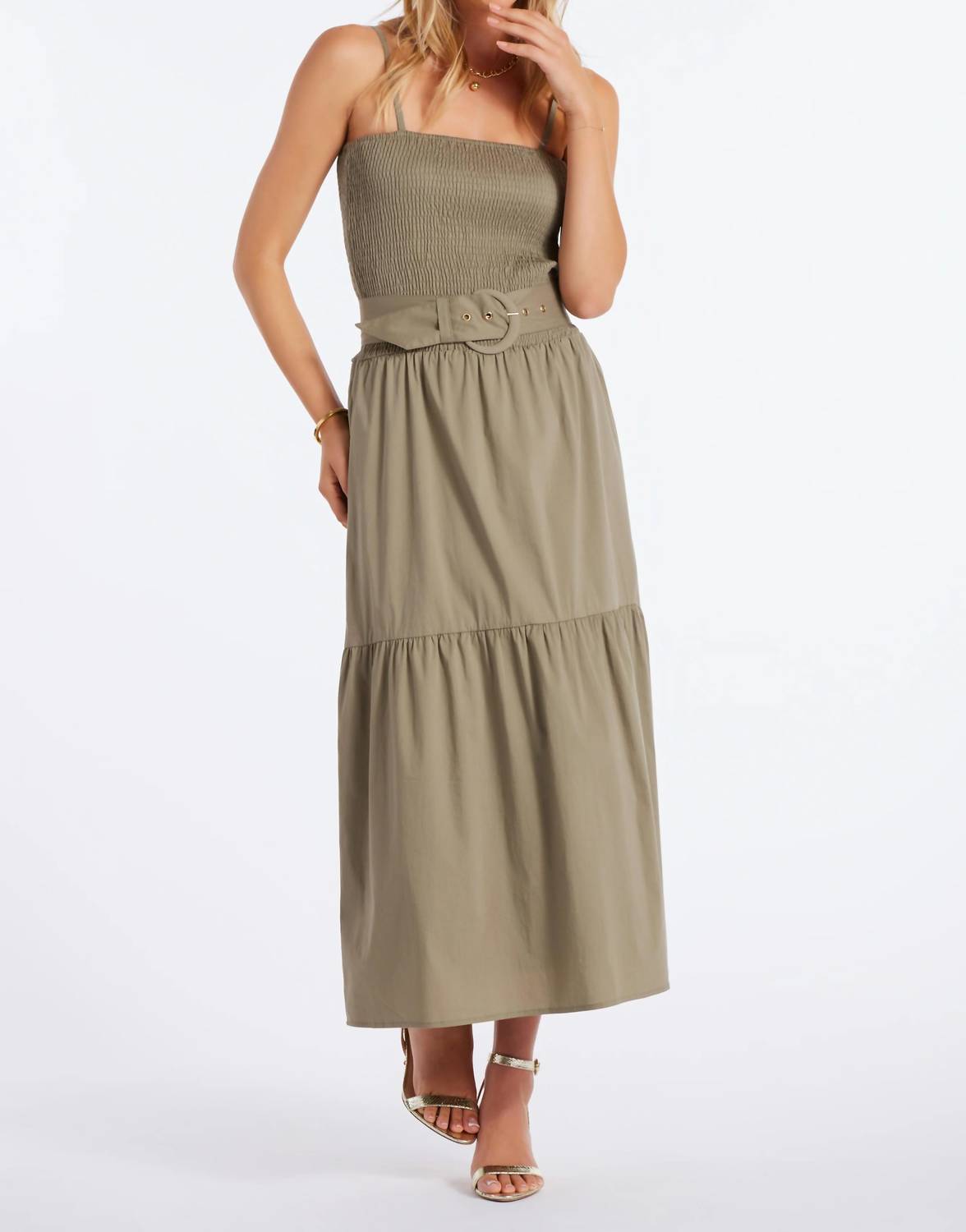 bishop + young Stella Smock Tiered Midi Dress in olive - women's dress