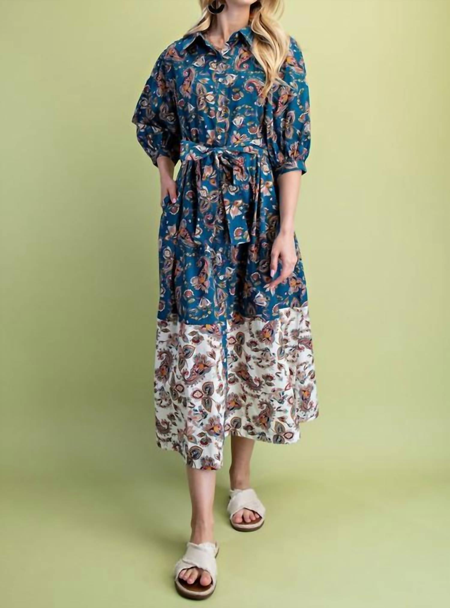 Gigio - Paisley Print Color Block Shirt Dress