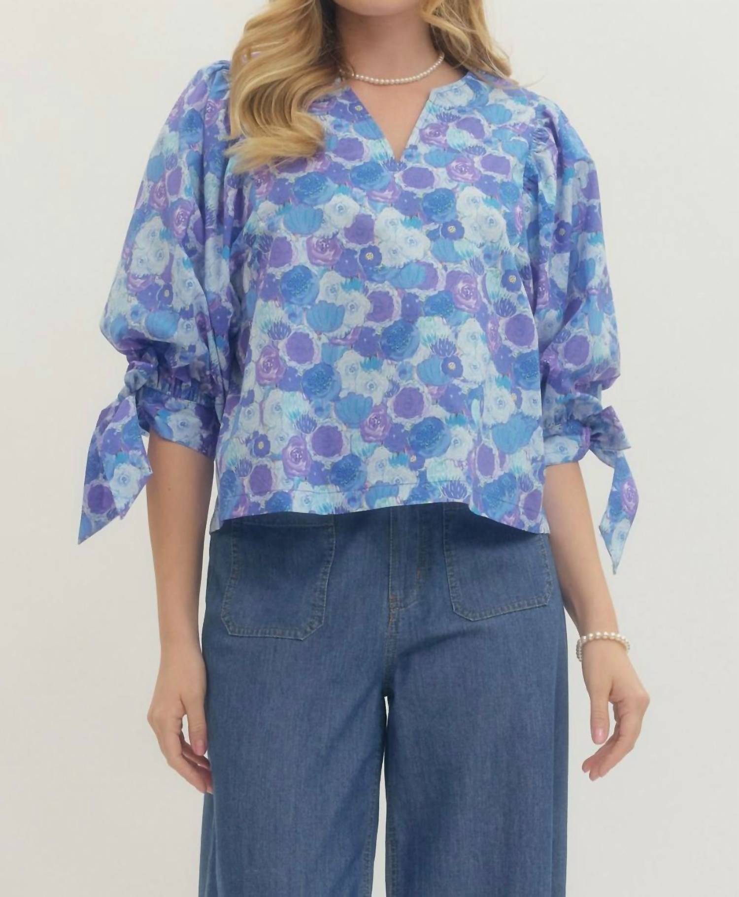 entro Poppy Print Tie Blouse in blue - women's blouse