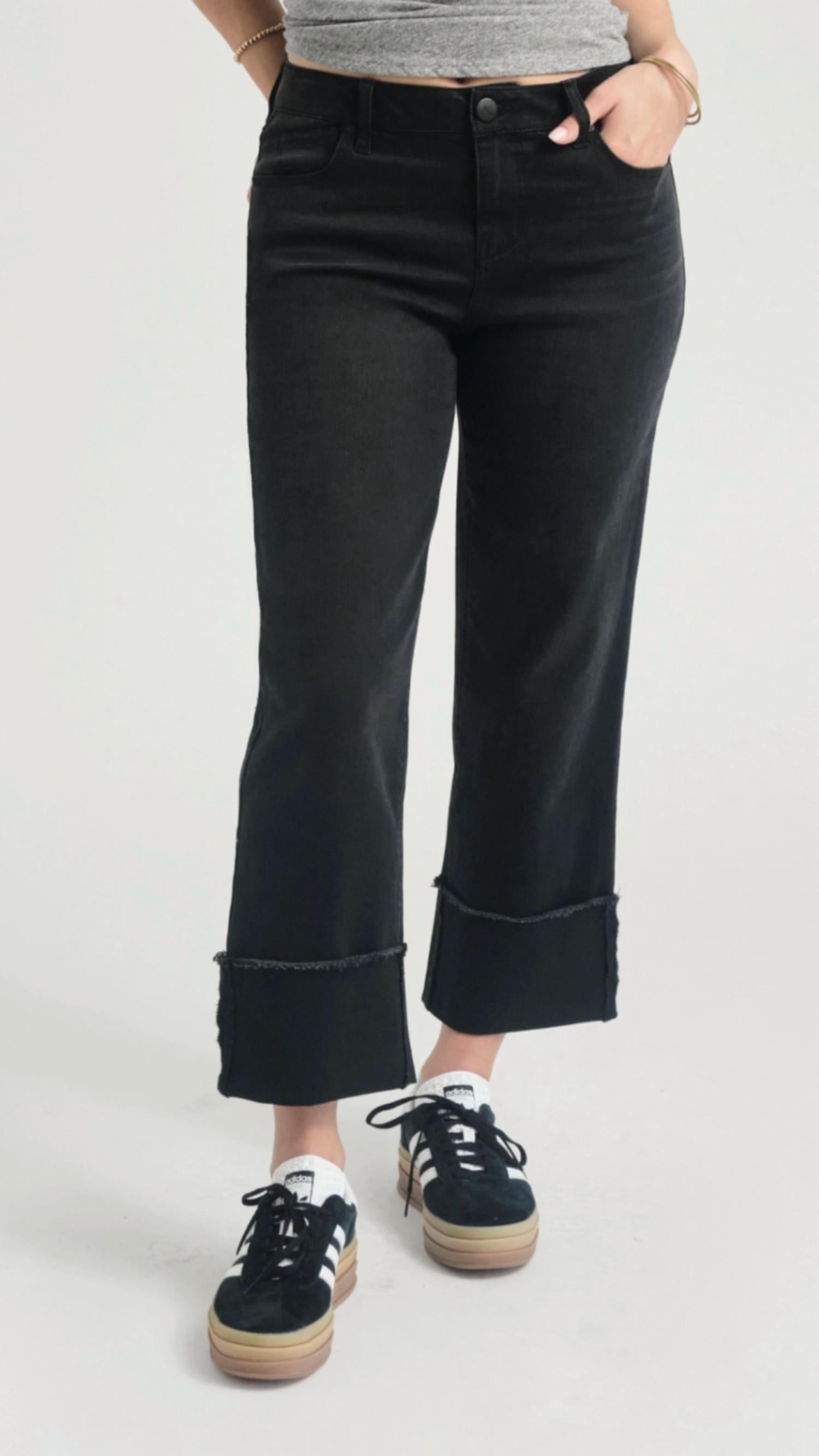 1822 Denim - Mid Rise Black Cuffed Straight Leg Jeans