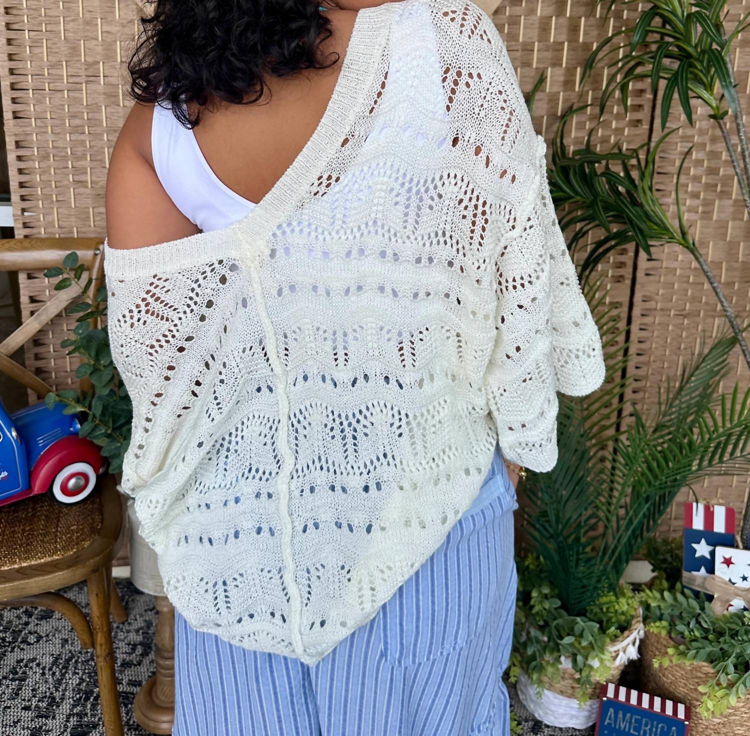 Pol - Crochet Short Sleeve Scalloped Edge Oversized Top