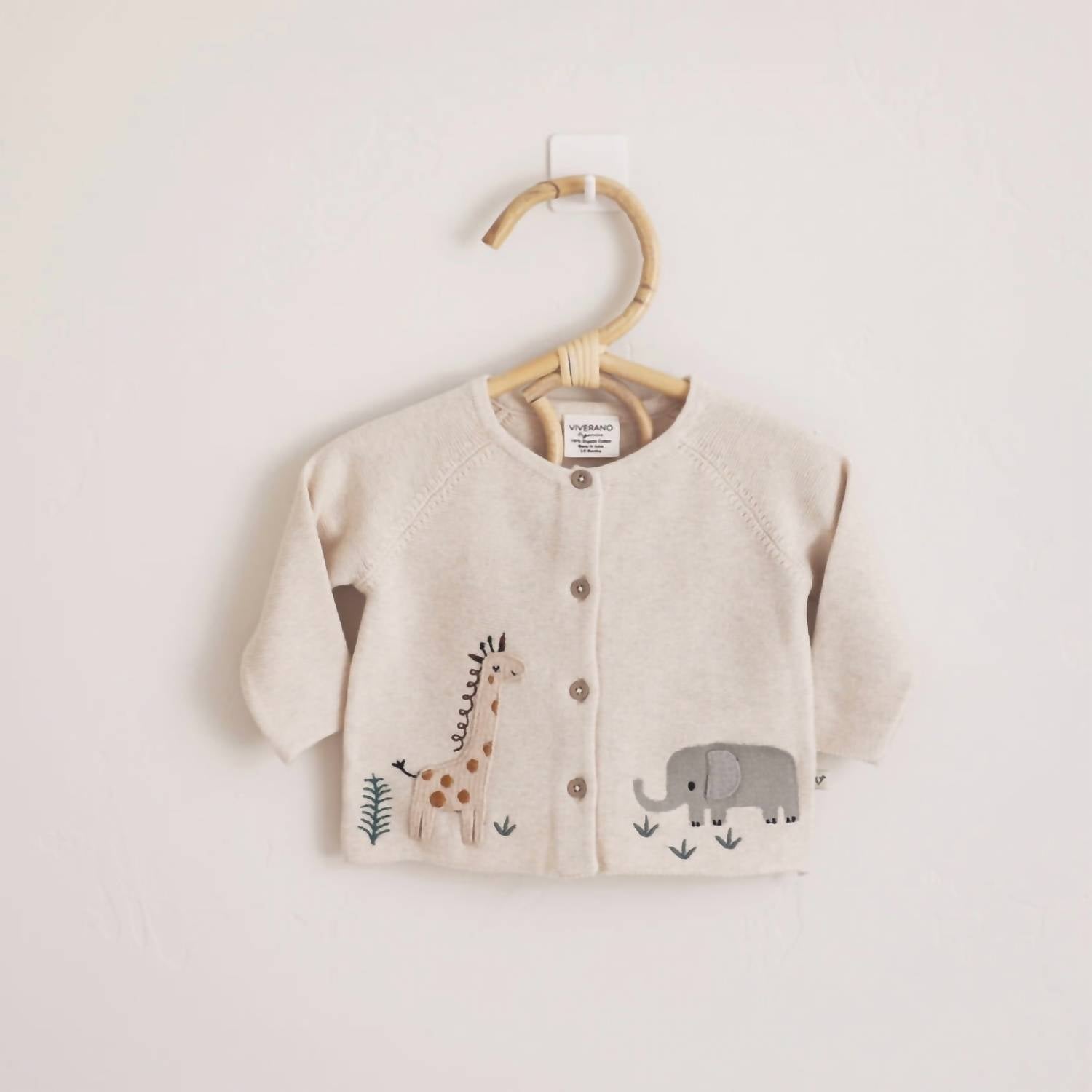 VIVERANO Organics Kid's Animal Safari Embroidered Cardigan Sweater in natural - kids' sweater