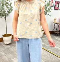 Hayden La - Blue Floral Embroidered Ruffle Sleeve Top