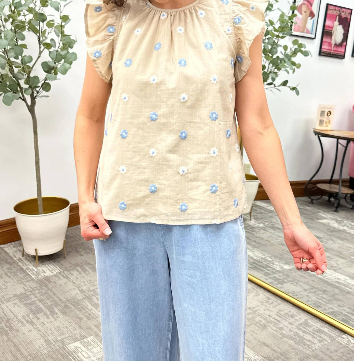 Hayden La - Blue Floral Embroidered Ruffle Sleeve Top