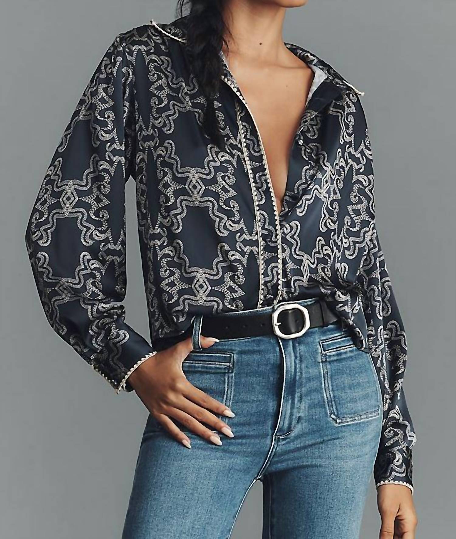 hutch Kodie Top Silky Blouse in navy print - women's blouse