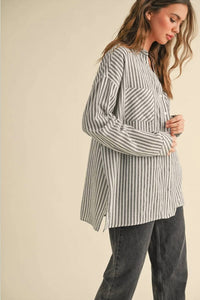 Miou Muse - Striped Button Down Boyfriend Shirt