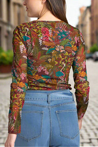 APNY Sheer Floral Long Sleeve Mesh Top in olive multi - women's t-shirt - alternate view